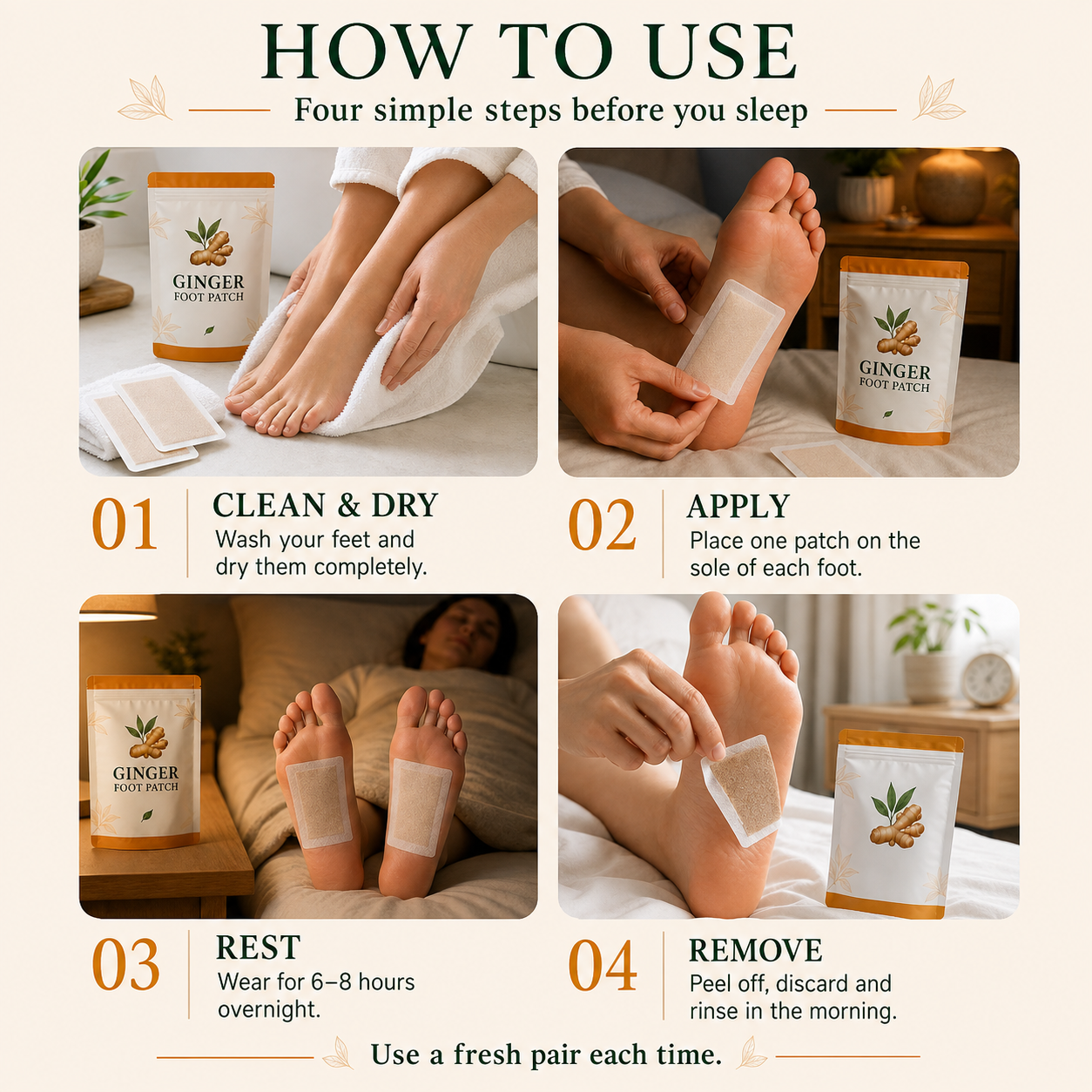 Four steps explaining how to use Ginger Foot Patch