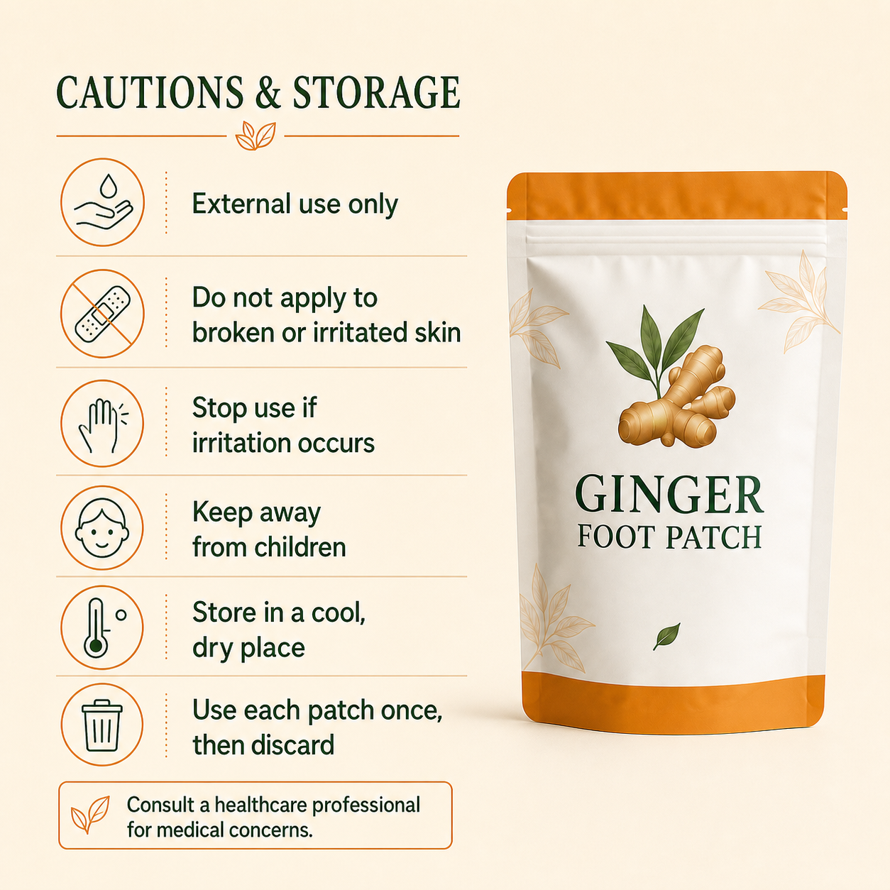 Ginger Foot Patch cautions and storage instructions